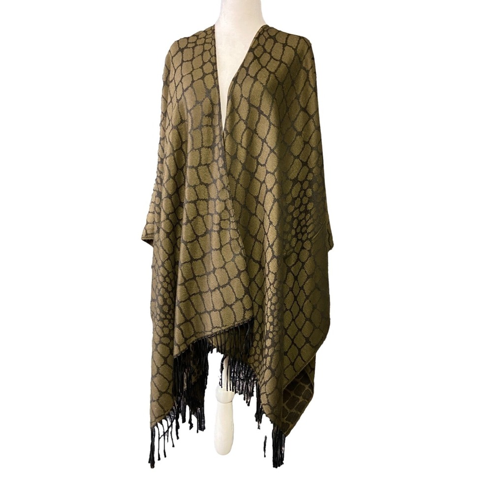 Kaleidos Poncho Womens One Size Green Snake Print Fringe Knit Kimono Made Italy